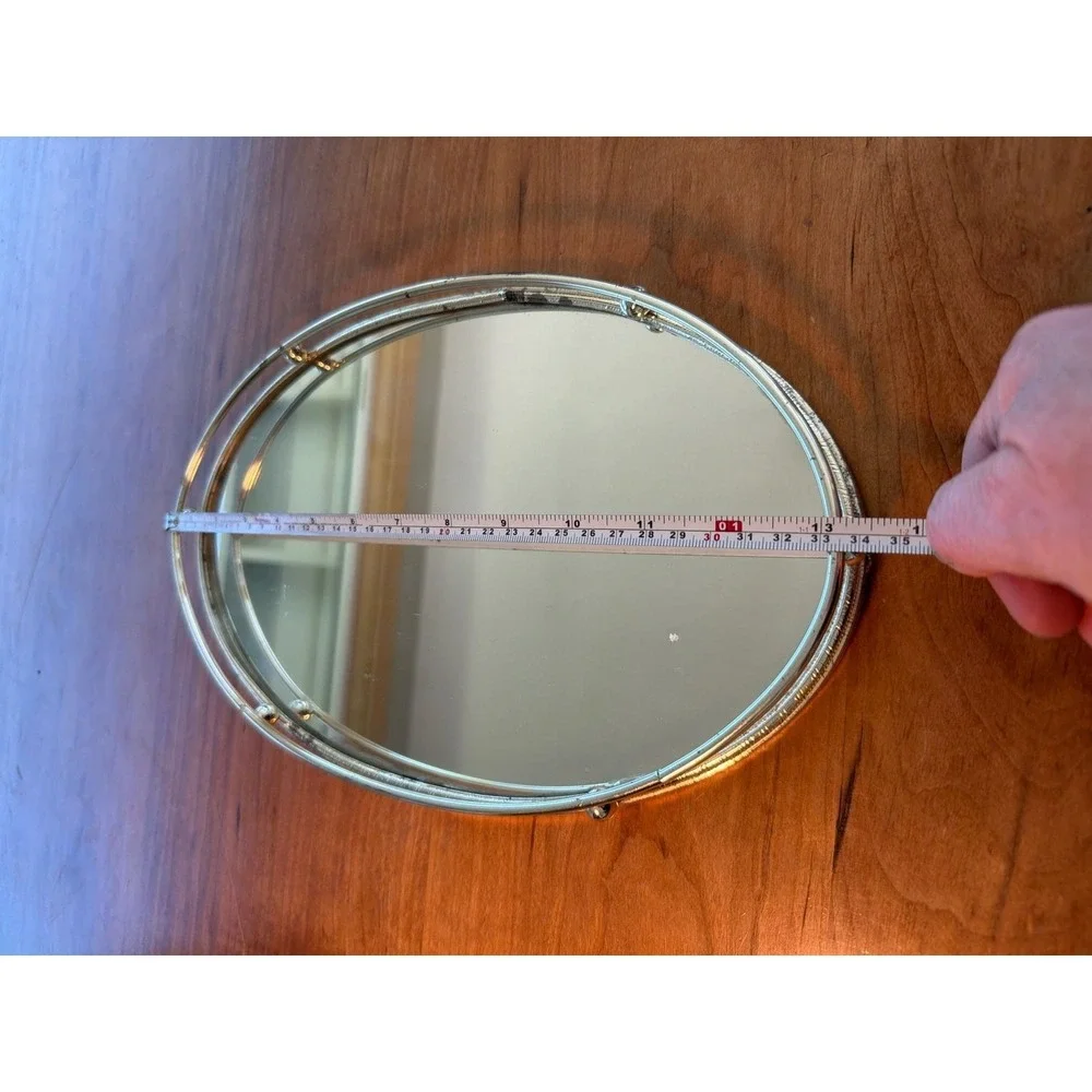 Vintage Mid-Century Hollywood Regency Oval Brass Mirrored Vanity Tray